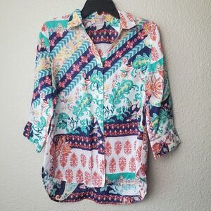 Chico's 100% Linen Collared Button Down Floral Blouse Women's Size 0 (S/4) Paisl